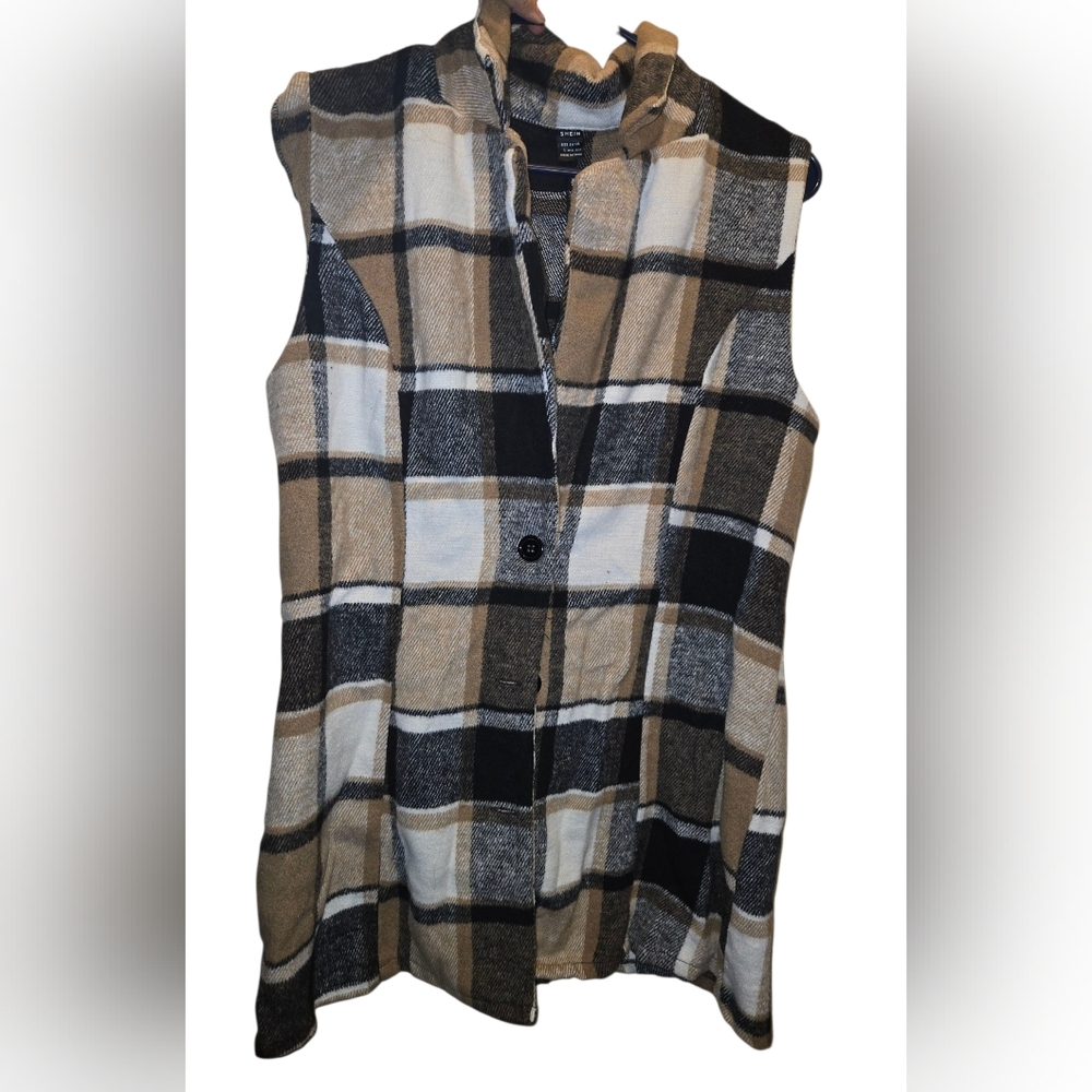 SHEIN Plaid Vest in Black, White, and Tan